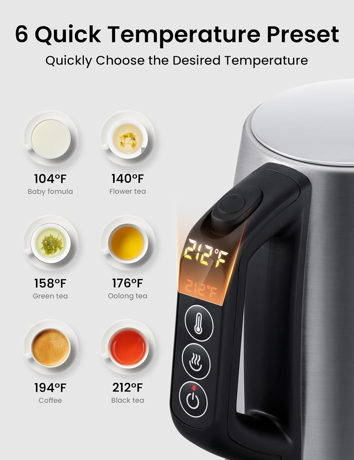 Stainless Steel Temperature-Control Kettle, 1.7L with 6 Preset Mode