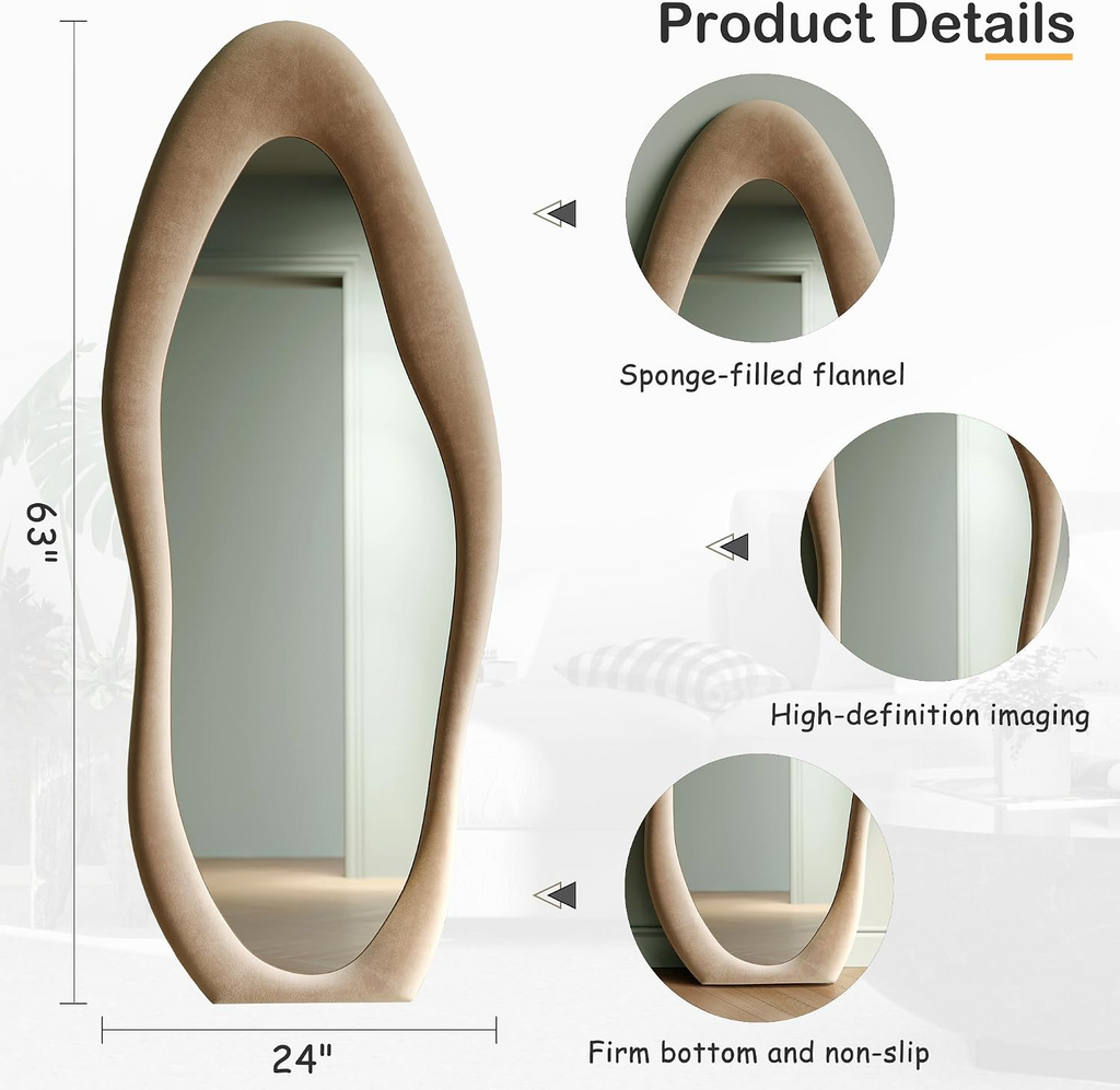 Full Length Mirror, 63" x 24" Wall Mirror, Flannel Wrapped Wooden Frame Floor Mirror, Irregular Wavy Mirror Hanging or Leaning Against Wall...