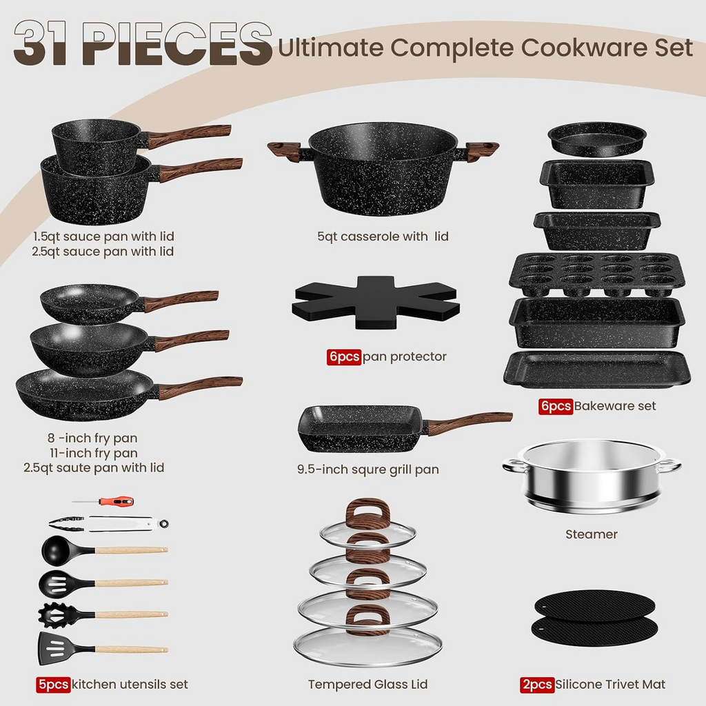 Pots and Pans Set Non Stick, 31 Piece Kitchen Induction Cookware & Bakeware Set, Nonstick Kitchen Cooking Pans Set with Frying Pans Set Grill Pan Saucepan Baking Sheet & Utensils, PFOA Free
