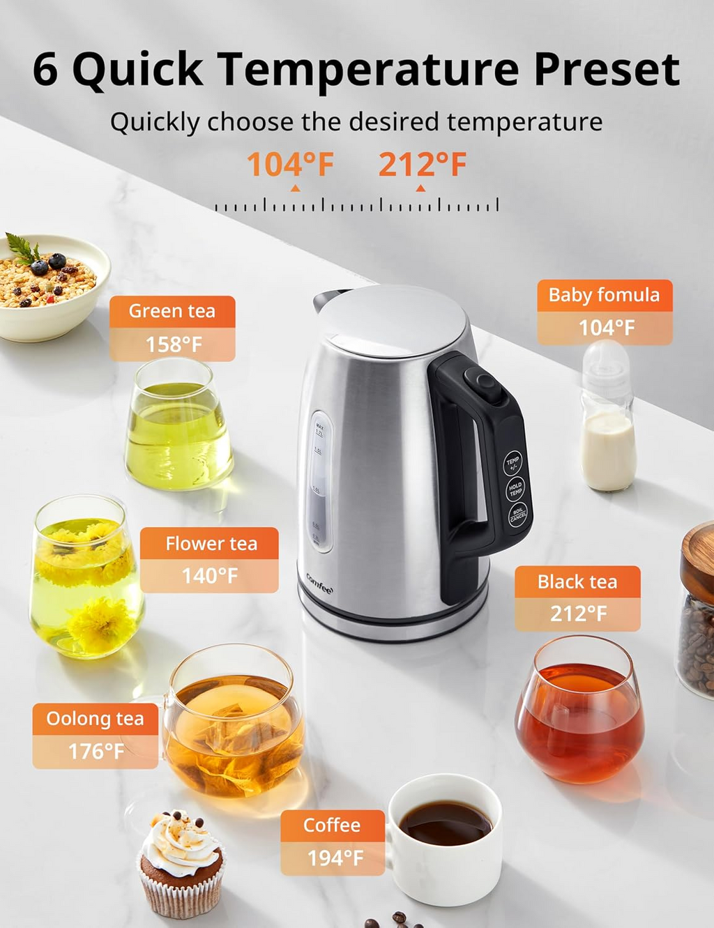 Stainless Steel Temperature-Control Kettle, 1.7L with 6 Preset Mode