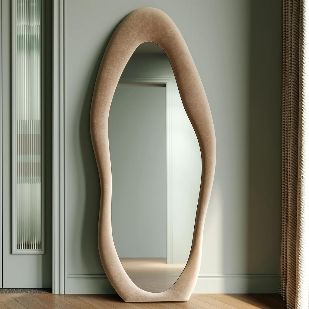 Full Length Mirror, 63" x 24" Wall Mirror, Flannel Wrapped Wooden Frame Floor Mirror, Irregular Wavy Mirror Hanging or Leaning Against Wall...