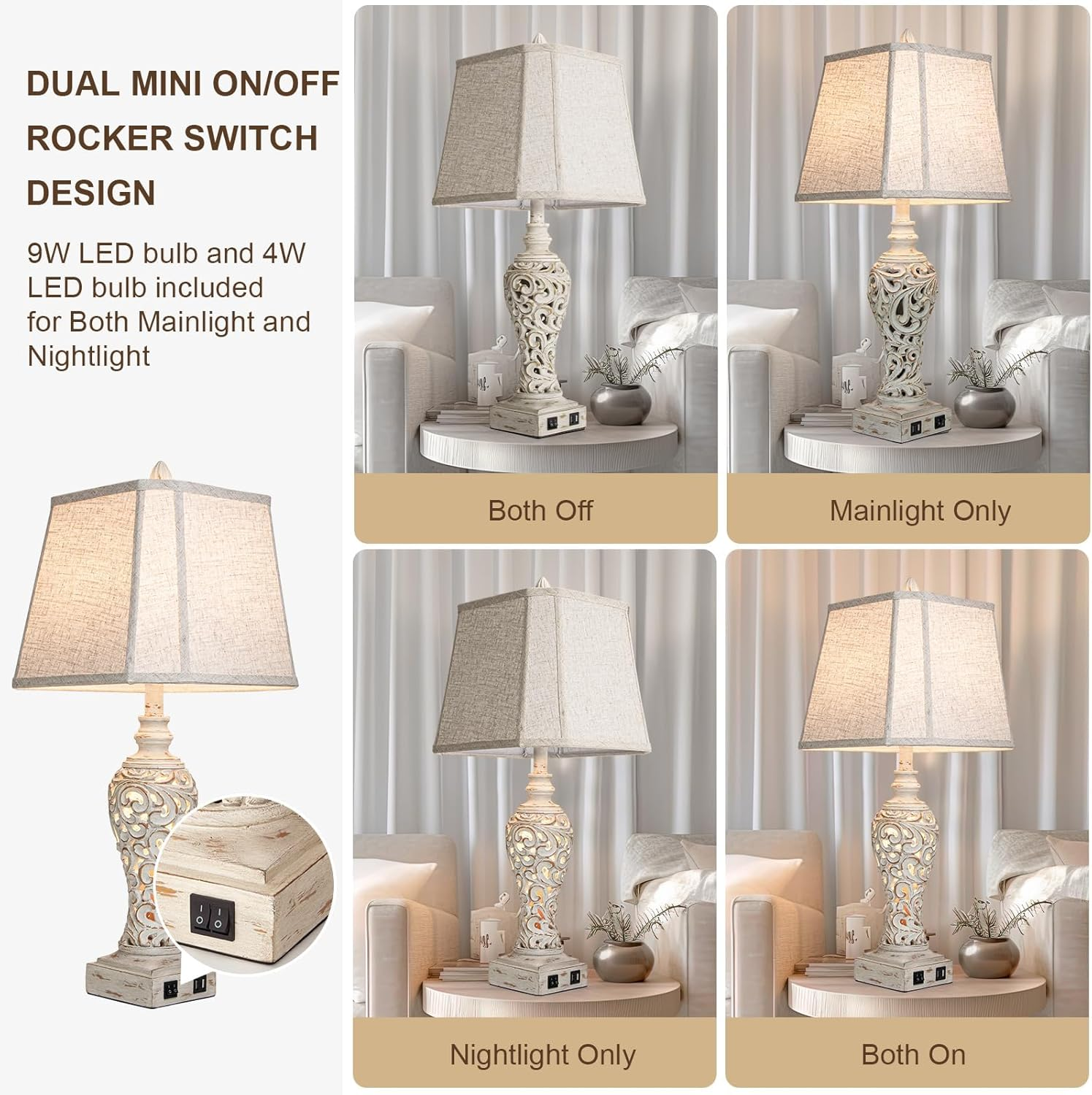 Collection 28.5" Table Lamps Set of 2 with Nightlight for Bedroom