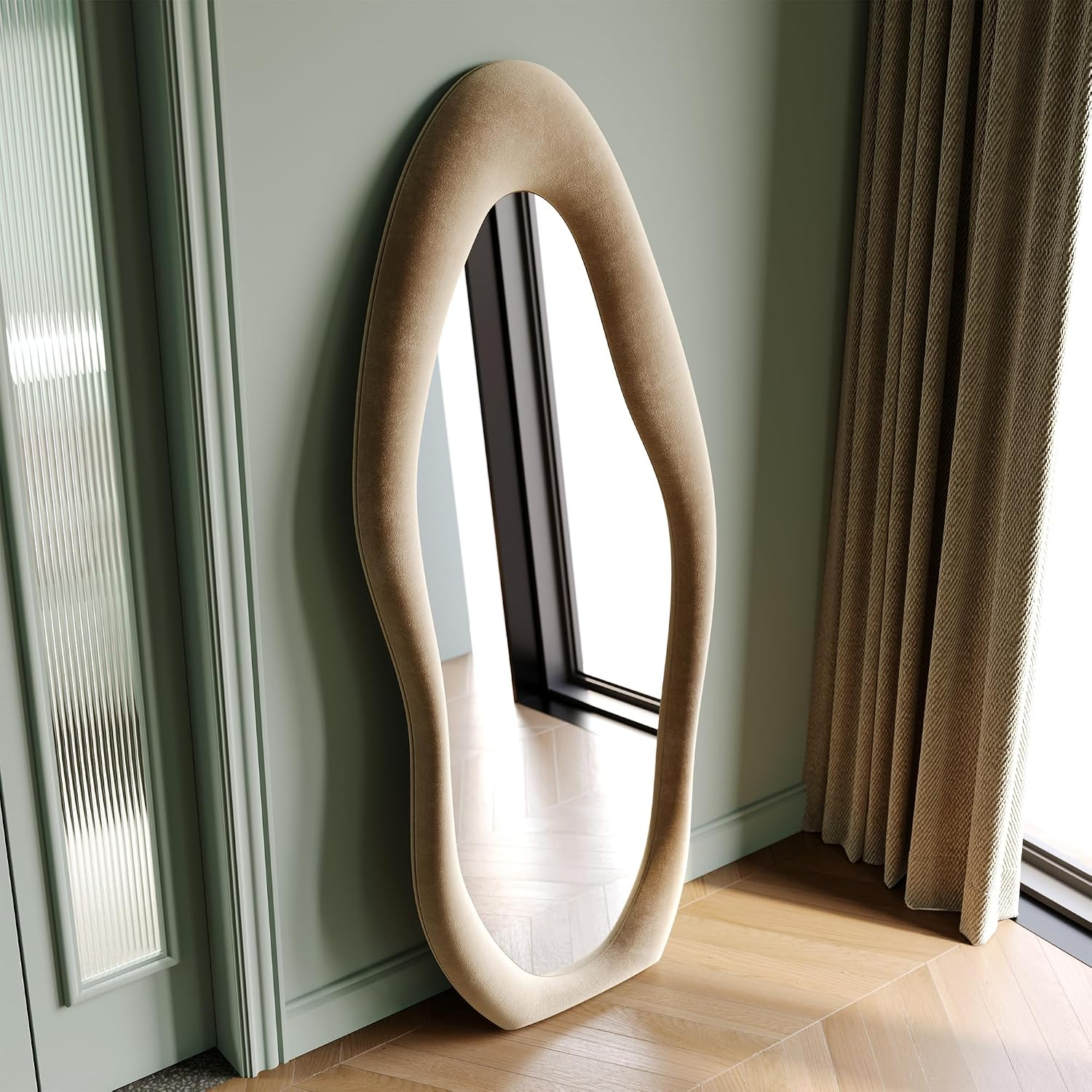Full Length Mirror, 63" x 24" Wall Mirror, Flannel Wrapped Wooden Frame Floor Mirror, Irregular Wavy Mirror Hanging or Leaning Against Wall...