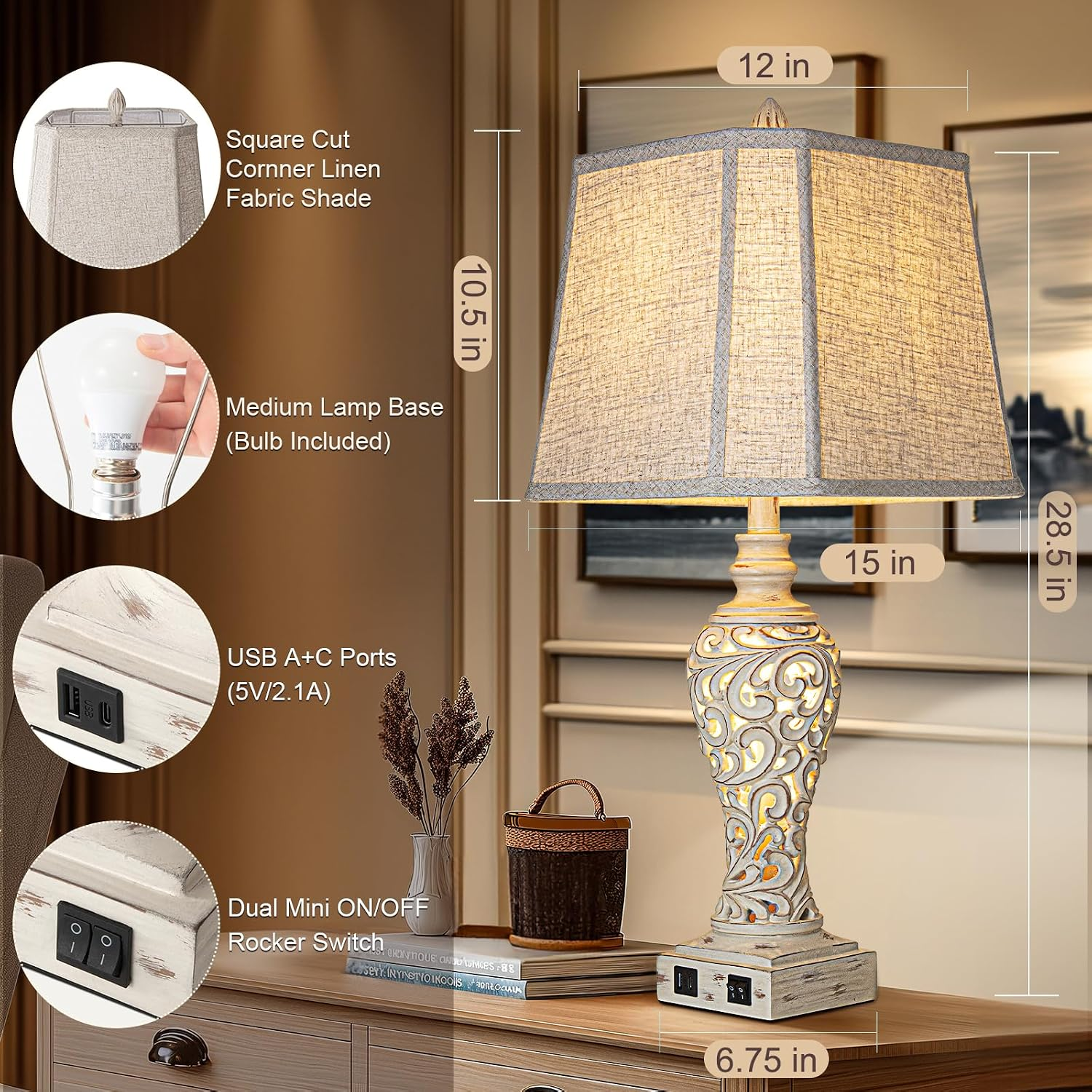 Collection 28.5" Table Lamps Set of 2 with Nightlight for Bedroom